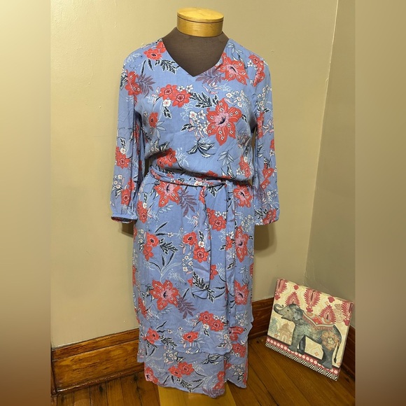J Jill Sz S  Tropical Floral Blue Dipped Hem V Neck Belted Dress W/pockets - Picture 3 of 11